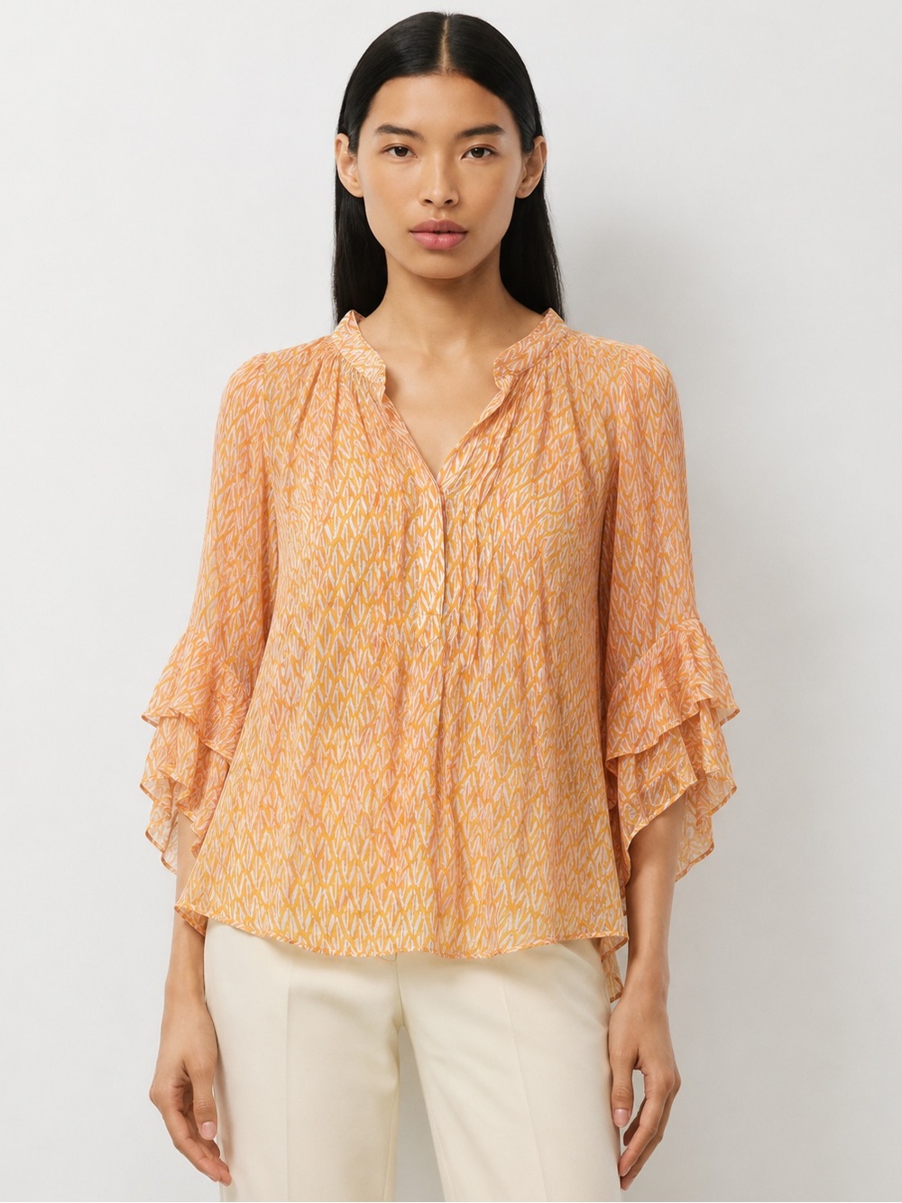 Vince Camuto NWT Orange Abstract Print Ruffle Bell Sleeve Blouse Top Size S Boho